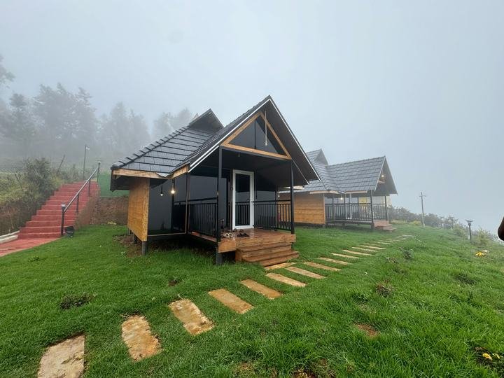 Wooden cottages on the misty meadow at Misty Meadows